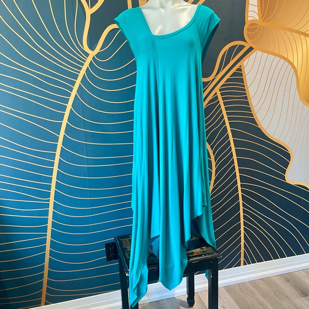Asymmetrical Teal Women's Swing Dress with Draped Hem